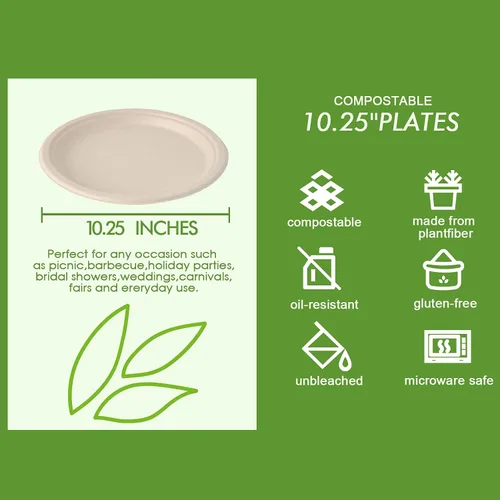 Vista 3 de Vplus Paquete de 150 platos de papel desechables compostables de 10 pulgadas, súper fuertes, 100% bagazo, natural, biodegradables, ecológicos