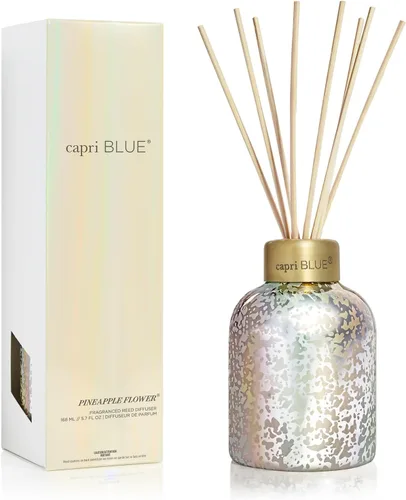 Vista 9 de Capri Blue Difusor de varillas – Viene con aceite difusor perfumado Blue Jean, varillas difusoras y botella de vidrio iridiscente de mercurio