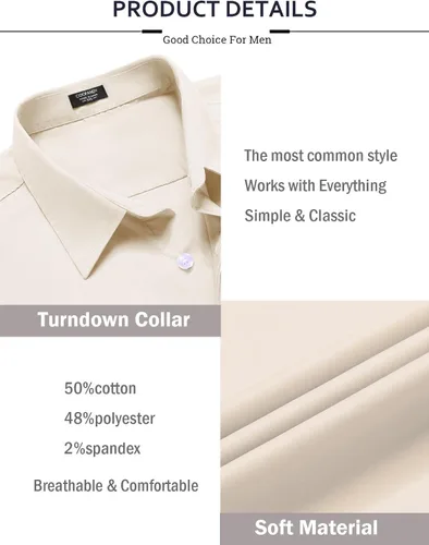 Vista 6 de COOFANDY Camisa de vestir con ajuste muscular para hombre, sin arrugas, manga larga, con botones