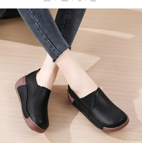 Vista 5 de Mocasines de plataforma de punta redonda para mujer, cómodos mocasines de cuero genuino, mocasines de corte casual con corte bajo.