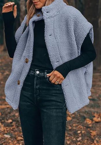 Vista 23 de Hongqizo - Chaleco de forro polar mullido para mujer, casual, de gran tamaño, cálido, con botones, chaqueta de sherpa con bolsillos
