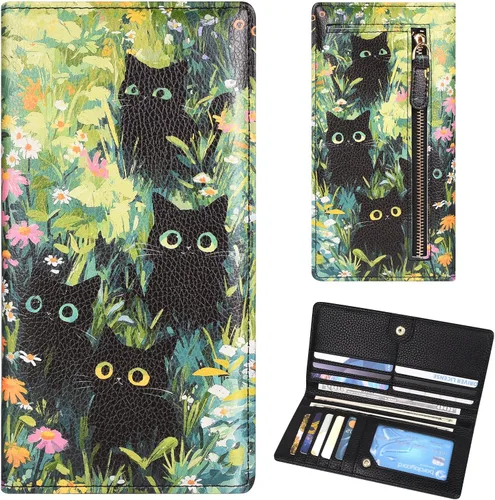 Vista 28 de Billetera para mujer, billetera RFID extradelgada, bolso plegable de cuero, con 11 ranuras para tarjetas y ventana de identificación, lindo monedero
