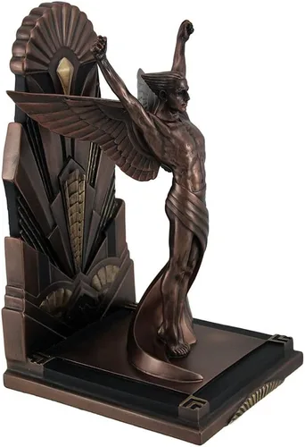 Vista 2 de Veronese Design The Winged Man - Estatua de sujetalibros con acabado metálico de cobre Art Deco