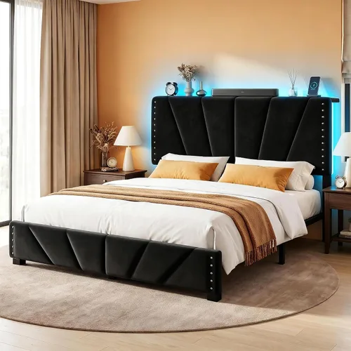 Vista 23 de EnHomee Base de cama individual con luces LED y USB, sin ruido, color beige