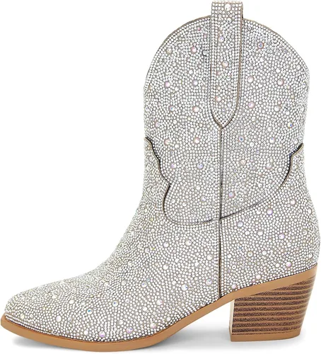 Vista 3 de STALOV Botas vaqueras cosidas para mujer, punta puntiaguda, tacón bajo y grueso, botas vaqueras occidentales bordadas