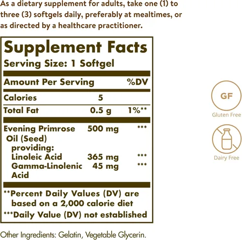 Vista 2 de Solgar Aceite de onagra de 500 mg, 180 cápsulas blandas, promueve una piel saludable y la salud cardiovascular, apoyo nutricional para mujeres, sin