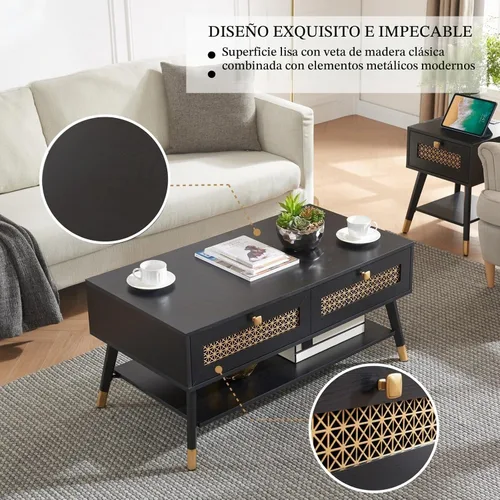 Vista 3 de Mesa de centro negra moderna de mediados de siglo con cajones de almacenamiento y estante abierto, mesa rectangular bohemia de madera maciza
