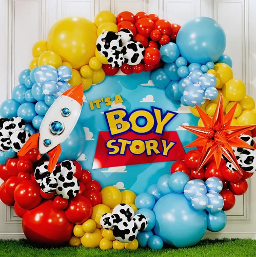 Vista 9 de Kit de arco de globos ALL-IN-1 Toy Story para decoración temática de baby shower de It's A Boy Story – Kit de guirnalda de globos Toy Story con Nube