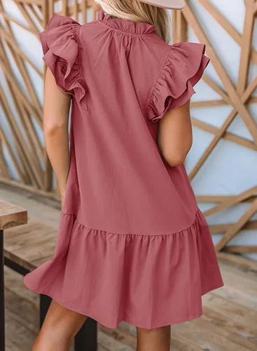 Vista 2 de Dokotoo Vestidos de verano para mujer 2025 con cuello en V con cordón y volantes, manga corta, bolsillos laterales, mini vestido de verano