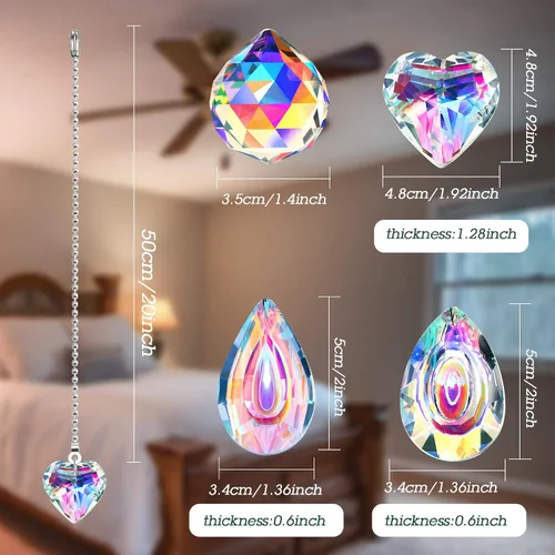 Vista 3 de Honoson - Cadena de tracción para ventilador de techo de cristal, diseño de gota de corazón Rainbow Prism Extension with Ball Connector, 22 Inch