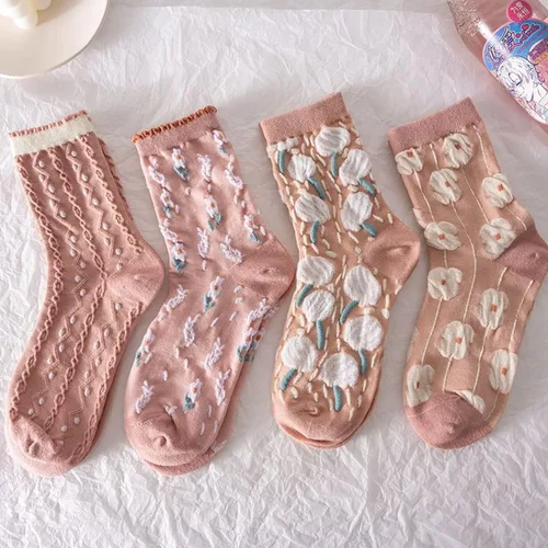 Vista 21 de Juego de 6 pares de calcetines de algodón transpirables de punto floral para mujeres y niñas