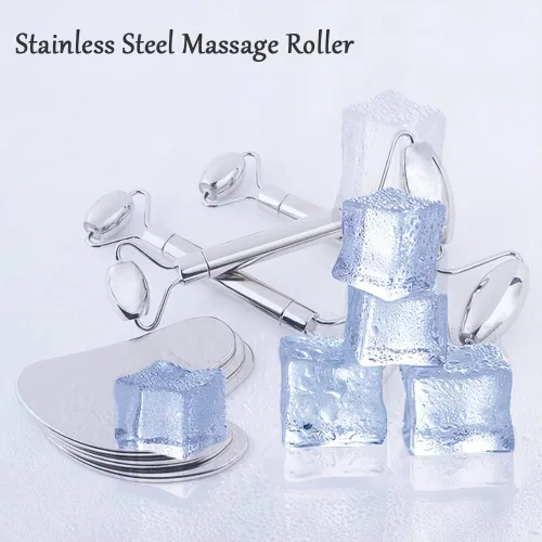 Vista 7 de Gua Sha Juego de herramientas faciales, rodillos faciales de hielo, bolígrafo de acupuntura manual, Gua Sha inoxidable, juego de masaje de acero