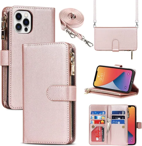 Vista 9 de Funda para iPhone 12 Pro Max para mujer con tarjetero, para iPhone 12 Pro Max, funda cruzada con correa para el hombro, bolsillo con cremallera