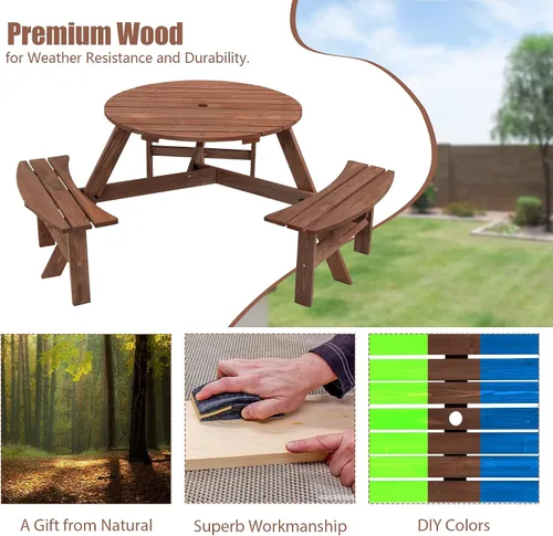Vista 5 de Mesa de picnic de madera para 6 personas, mesa circular de picnic de madera para exteriores, mesa de comedor con 3 bancos, mesa exterior y banco 6