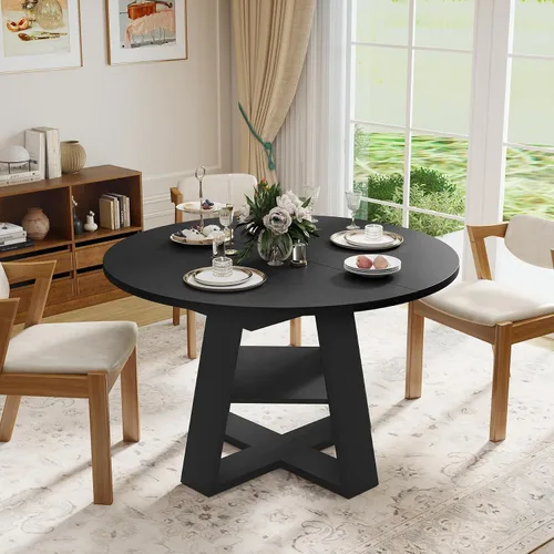 Vista 3 de Aivermel Mesa de comedor ovalada extensible de 43.3 a 59 pulgadas para 4-6, mesa de comedor redonda de madera de ingeniería con almacenamiento