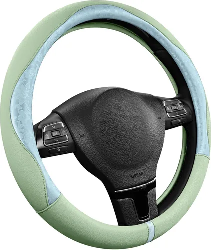 Vista 18 de PIC AUTO Funda para volante, diseño de retazos de cuero negro estampado y azul, ajuste universal de 14.5 a 15.5 pulgadas, antideslizante, sin olor