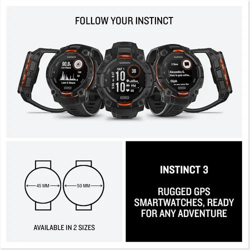 Vista 28 de Garmin Instinct® 3 45mm, pantalla AMOLED, reloj inteligente GPS resistente para exteriores, bisel reforzado con metal, linterna incorporada, hasta