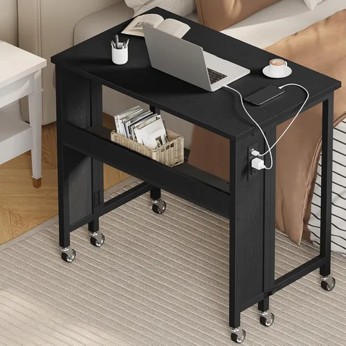 Vista 4 de CHOEZON Escritorio plegable moderno para computadora de 31.5 pulgadas con tomas de corriente, ruedas, almacenamiento, perfecto para espacios Negro