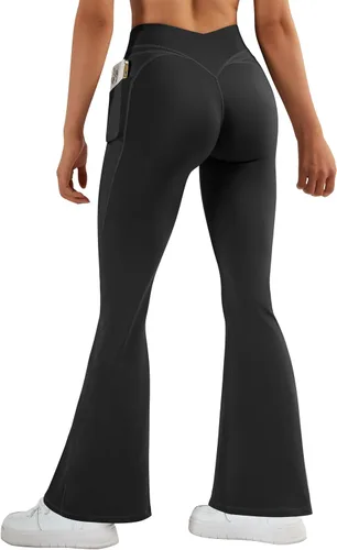 Vista 5 de RXRXCOCO Leggings acampanados con espalda en V para mujer, pantalones de yoga de cintura alta, pantalones de entrenamiento con bolsillos