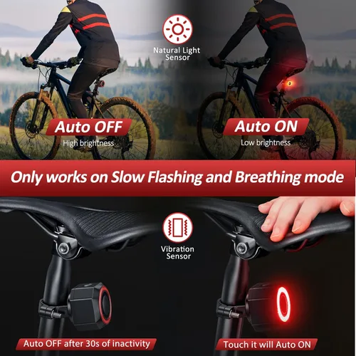 Vista 5 de Alarma de bicicleta con control remoto, luz trasera de bicicleta y luz de freno encendido/apagado automático USB-C recargable, sistema de alarma