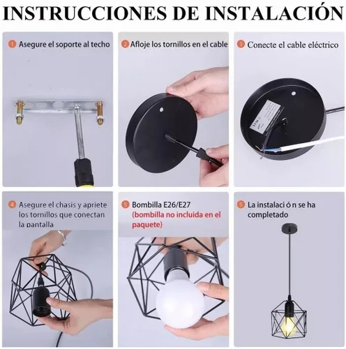 Vista 4 de Colgante negro claro, lámpara colgante industrial, lámpara colgante de jaula de hierro de granja, lámpara colgante de metal E26 ajustable colgante