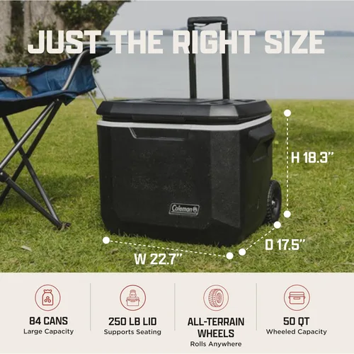 Vista 4 de Coleman Xtreme 50qt, enfriador rodante con ruedas, aislamiento de pared extra mantiene el hielo hasta 5 días, hielera portátil con ruedas