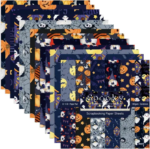 Vista 9 de Papel para álbum de recortes de Halloween, 24 hojas de 6 x 6 pulgadas, diseño de calabaza, araña, fantasma, murciélago, papel para hacer tarjetas