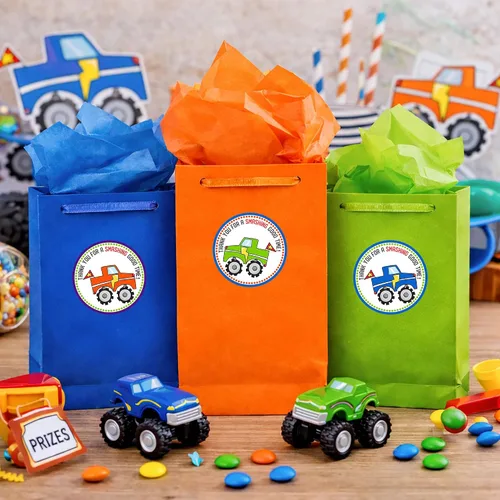 Vista 3 de Etiquetas adhesivas con texto en inglés "Thank You" de Monster Truck – Etiquetas de regalo para fiesta de cumpleaños de niños – Juego de 30