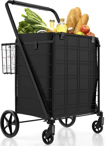 Vista 9 de Goplus Carrito de compras plegable jumbo con ruedas giratorias, carrito de compras plegable sobre ruedas con doble cesta, carrito de utilidad Negro