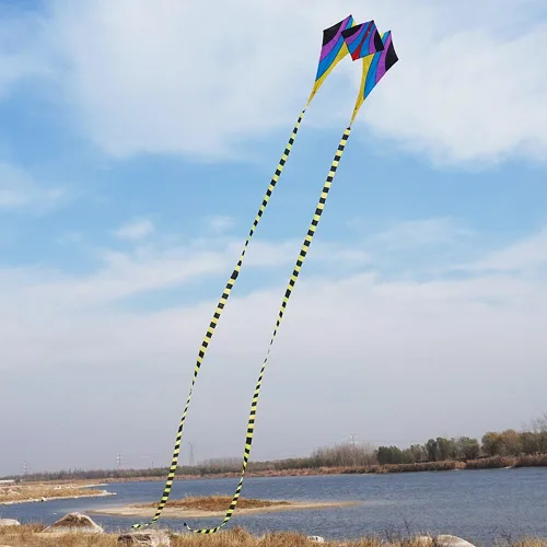 Vista 8 de Besra Cometa grande de rana fluida de diamante 3D de una sola línea con 2 colas largas, deportes divertidos al aire libre para niños y adultos