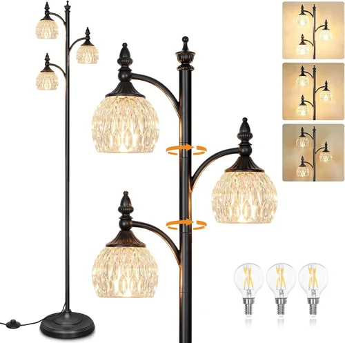 Vista 9 de JUNNAI Lámparas de pie negras para sala de estar, lámparas de pie de 66.5 pulgadas con pantalla de cristal, luces de brillo de 3 vías, lámpara