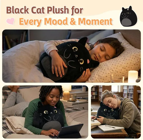 Vista 2 de PEACH CAT Animal de peluche original de gato negro de 12 pulgadas, lindo gatito de peluche, juguetes de peluche suaves, regalos para niños