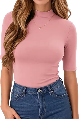 Vista 19 de MANGOPOP - Camiseta de cuello alto falso de manga 3/4 ajustada para mujer 03 Negro