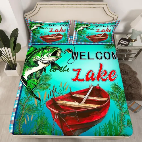 Vista 15 de Lake House Sábanas bajeras tamaño individual, sábana dibujada a mano con paisaje de lago y montaña para niños, niñas, niños y adultos, decoración