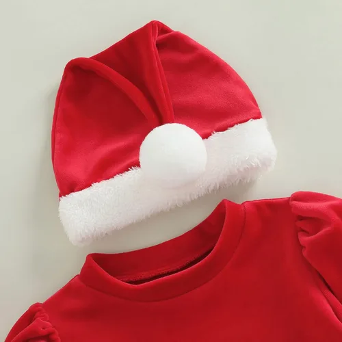 Vista 4 de woshilaocai Vestido de Navidad para niñas pequeñas, vestido de terciopelo con lazo de Papá Noel con sombrero, vestidos de fiesta para fotos