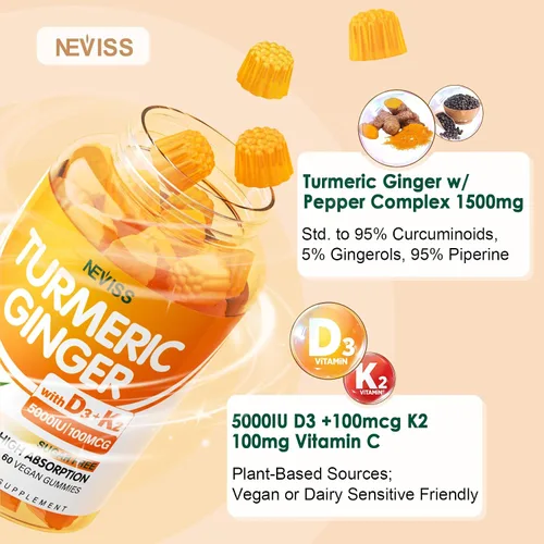 Vista 3 de Gomitas de Cúrcuma y Jengibre Sin Azúcar 1500mg con Vitamina D3 5000UI y K2 para Mujeres y Hombres, Gomitas de Cúrcuma y Jengibre para Adultos