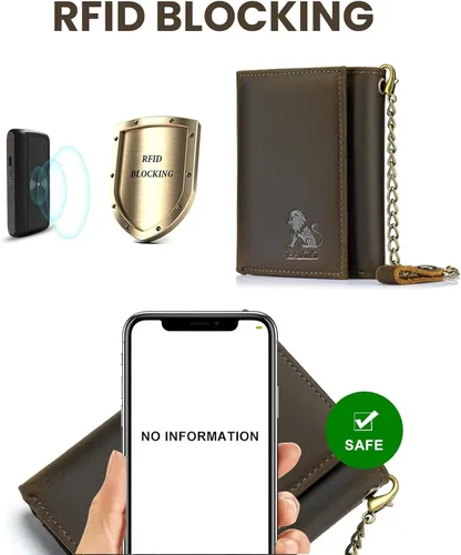 Vista 6 de BAIGIO Billetera de cuero genuino con cadena para hombre, con bloqueo RFID, triple pliegue, regalo para el padre
