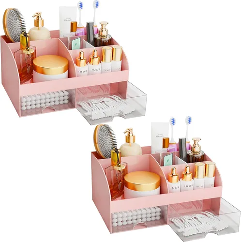 Vista 9 de Organizador de maquillaje con cajones, almacenamiento de cosméticos para tocador y encimera de baño, soporte de belleza para lápiz labial y brochas