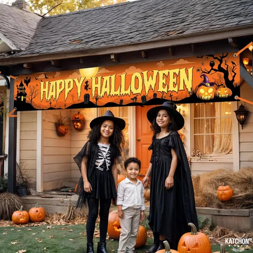 Vista 4 de Katchon - Pancartas de feliz Halloween para exteriores, 120 x 20 pulgadas Naranja