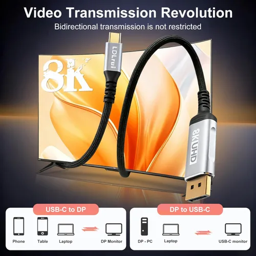 Vista 2 de LDLrui Cable USB C a DisplayPort 1.4 bidireccional 1M, 8K @60Hz 4K a 240Hz para MacBook/iPad a DP o PC a pantalla USB-C, Thunderbolt 4/3 y USB4