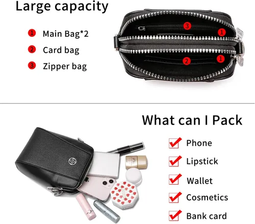 Vista 4 de Bolsas cruzadas para teléfono para mujer, bolso de hombro pequeño de cuero y bolsos de mano, bolsos de hombro para mujer, bolsas con doble cremallera