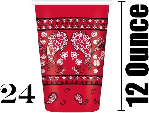 Vista 6 de Oojami Sirve 24 – Bandana roja suministros para fiesta occidental – Paquete completo de fiesta con platos llanos de 9 pulgadas, platos de postre