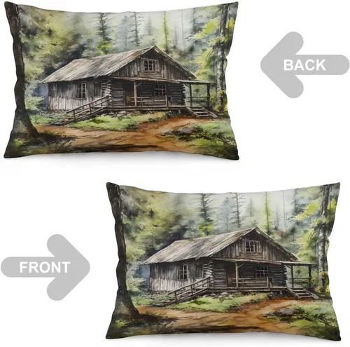 Vista 4 de Funda de almohada rústica de 12 x 20 pulgadas, diseño de cabaña en el bosque, súper suave, funda de cojín impresa de doble cara, funda de almohada