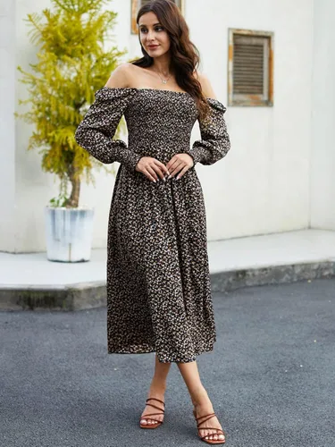 Vista 5 de ZAFUL Women Dress Square Neck Off Shoulder Long Puff Sleeve Smocked High Waist Casual A Line Dress