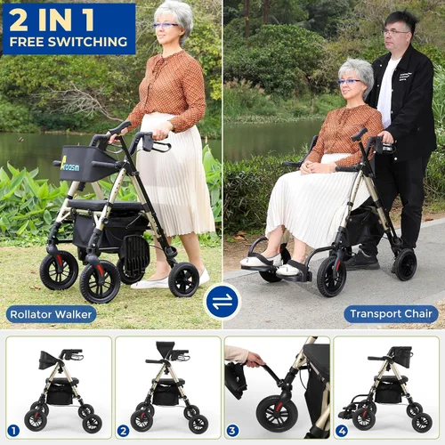 Vista 2 de Andador Rollator plegable para personas mayores con asiento, 2 en 1 ligero, silla de ruedas con ruedas para adultos, silla de transporte con frenos