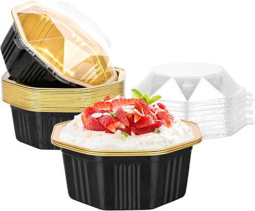 Vista 29 de Beasea Tazas desechables para hornear con tapas, juego de 50 unidades, 13.5 oz 400 ml, ramekins de aluminio con tapa de papel de aluminio, moldes