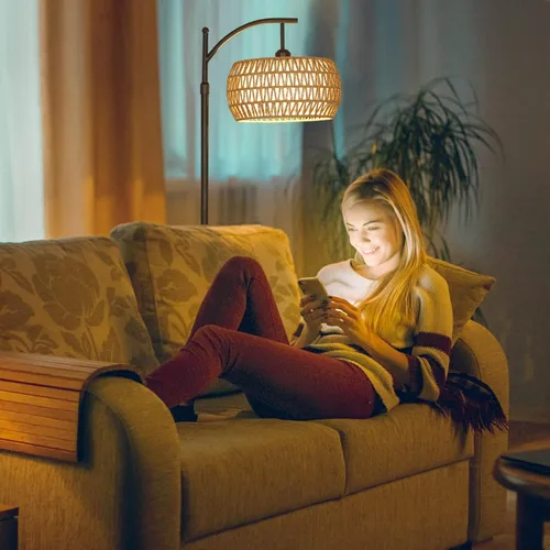 Vista 9 de Lámpara de pie de arco con control remoto, lámpara de pie LED regulable con 3 temperaturas de color, lámpara de pie negra con pantalla de doble