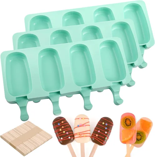 Vista 15 de Sakolla - Juego de moldes de silicona para paletas de hielo, 4 cavidades, moldes para helado ovalados con 50 palos de madera
