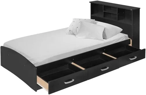 Vista 8 de Pemberly Row Moderna cama de madera tamaño individual con cajones, acabado negro, madera fabricada, cabecera de estantería, resistente a