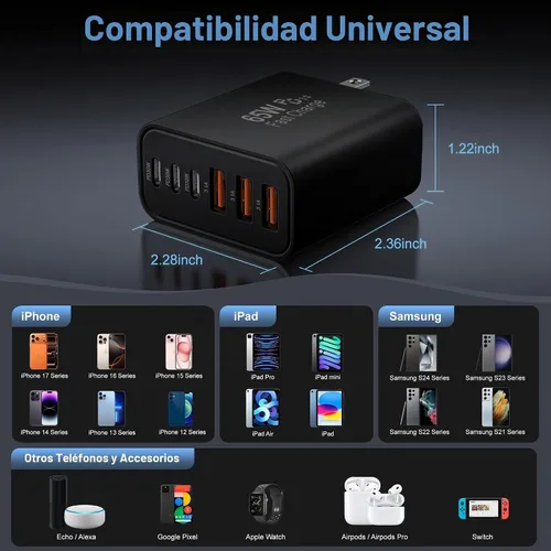 Vista 6 de Bloque de carga USB C, 65 W, 6 puertos, bloque de carga USBC, cargador de pared, cargador de iPhone, carga rápida, multipuerto tipo C, PD+QC Negro